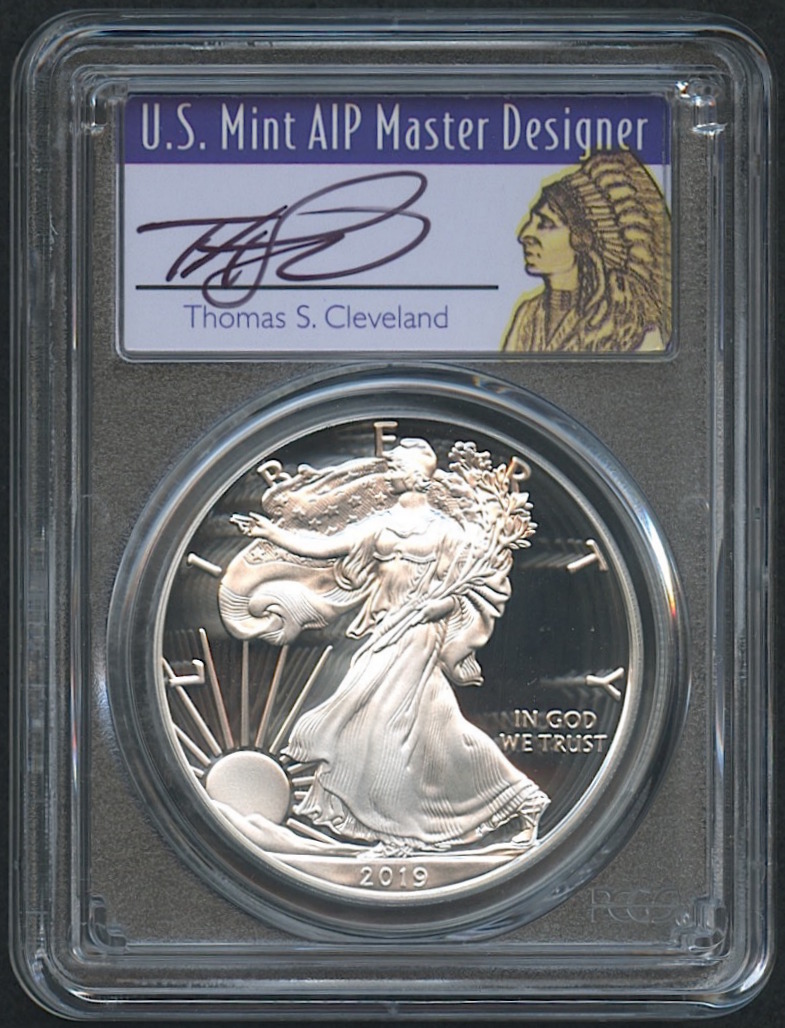2019-S 1 oz Silver American Eagle $1 Coin - First Day of Issue - Signed by U.S. Mint AIP Master Designer Thomas S. Cleveland - Proof - Deep Cameo (PCGS PR 70 DCAM) at PristineAuction.com 2019-S 1 oz Silver American Eagle $1 Coin - First Day of Issue - Signed by U.S. Mint AIP Master Designer Thomas S. Cleveland - Proof - Deep Cameo (PCGS PR 70 DCAM) at PristineAuction.com