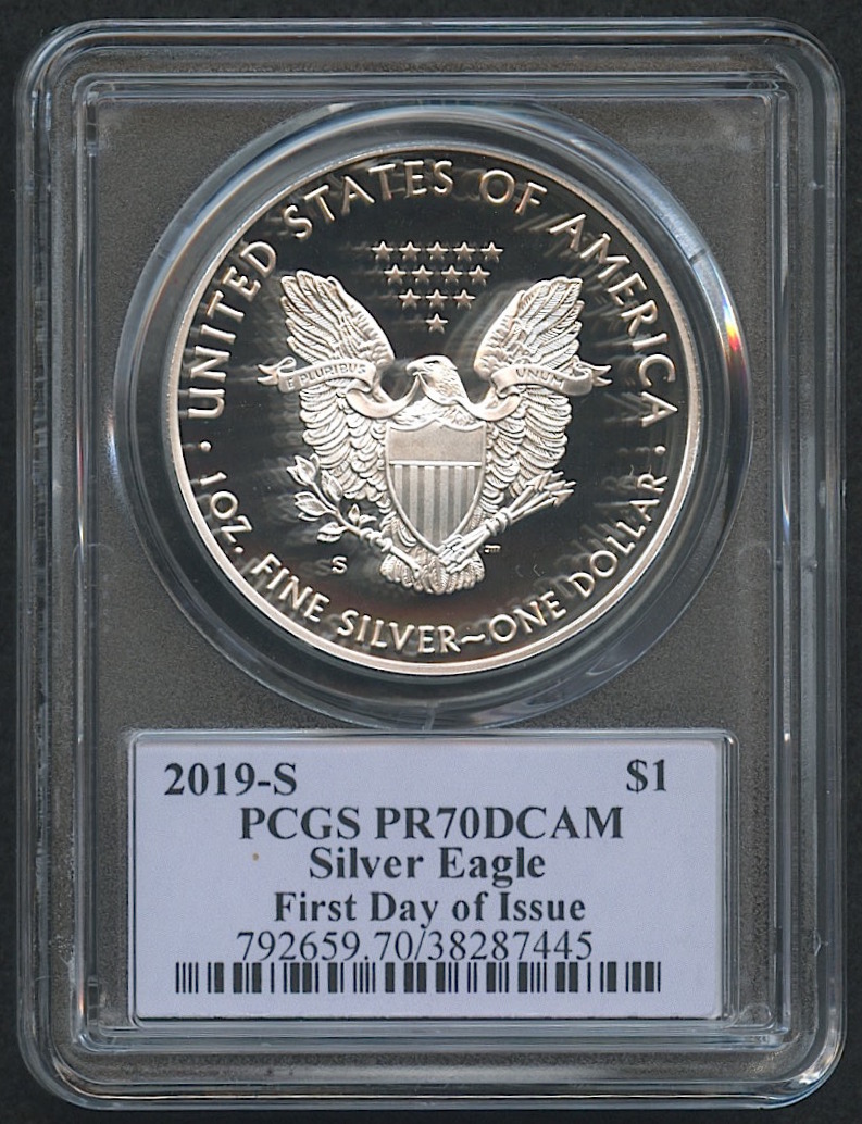 2019-S 1 oz Silver American Eagle $1 Coin - First Day of Issue - Signed by U.S. Mint AIP Master Designer Thomas S. Cleveland - Proof - Deep Cameo (PCGS PR 70 DCAM) at PristineAuction.com 2019-S 1 oz Silver American Eagle $1 Coin - First Day of Issue - Signed by U.S. Mint AIP Master Designer Thomas S. Cleveland - Proof - Deep Cameo (PCGS PR 70 DCAM) at PristineAuction.com