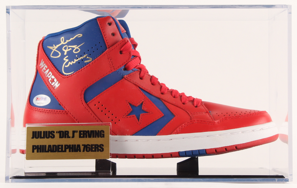 Julius Erving Signed Vintage Converse Weapon Basketball Shoe with Display Case (PSA COA) at PristineAuction.com Julius Erving Signed Vintage Converse Weapon Basketball Shoe with Display Case (PSA COA) at PristineAuction.com