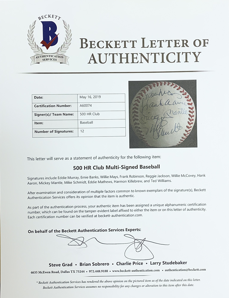 500 Home Run Club OAL Baseball Signed by (12) with Mickey Mantle, Ted Williams, Eddie Murray, Ernie Banks, Willie Mays, Frank Robinson, Reggie Jackson with Display Case (Beckett LOA) at PristineAuction.com 500 Home Run Club OAL Baseball Signed by (12) with Mickey Mantle, Ted Williams, Eddie Murray, Ernie Banks, Willie Mays, Frank Robinson, Reggie Jackson with Display Case (Beckett LOA) at PristineAuction.com