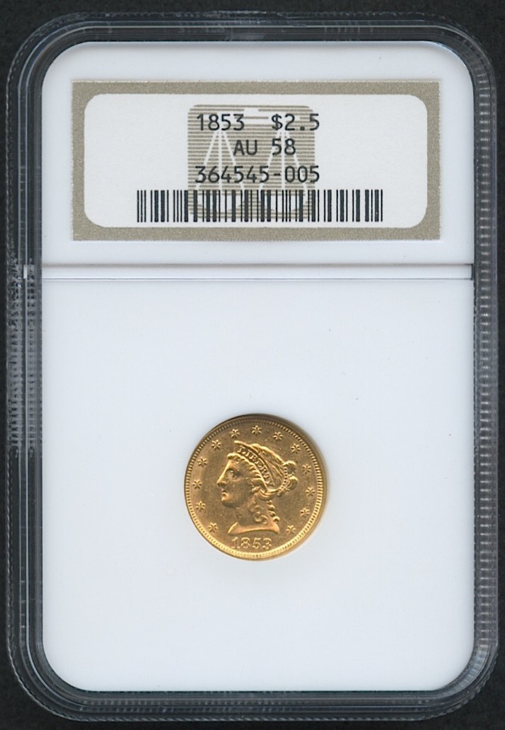 1853 $2.50 Liberty Head Gold Coin (NGC AU 58) at PristineAuction.com 1853 $2.50 Liberty Head Gold Coin (NGC AU 58) at PristineAuction.com