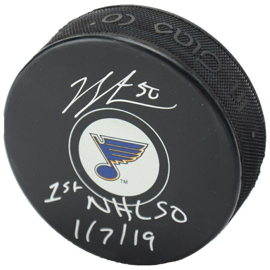 Jordan Binnington Signed St. Louis Blues Logo Hockey Puck Inscribed "1st NHL S0" & "1/7/19" (Fanatics) at PristineAuction.com Jordan Binnington Signed St. Louis Blues Logo Hockey Puck Inscribed "1st NHL S0" & "1/7/19" (Fanatics) at PristineAuction.com