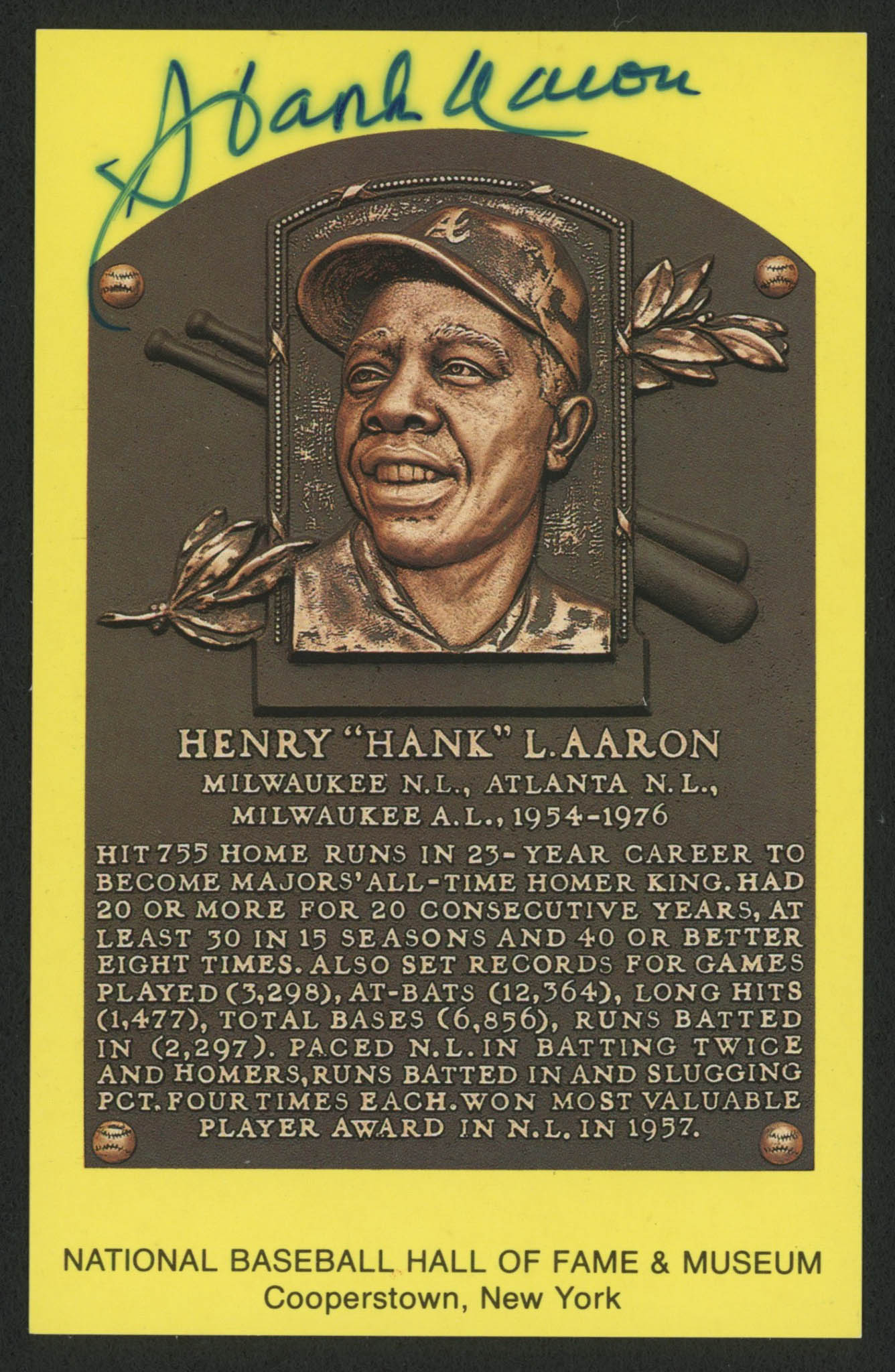 Hank Aaron Signed Gold Hall of Fame Plaque Postcard (JSA COA) at PristineAuction.com Hank Aaron Signed Gold Hall of Fame Plaque Postcard (JSA COA) at PristineAuction.com