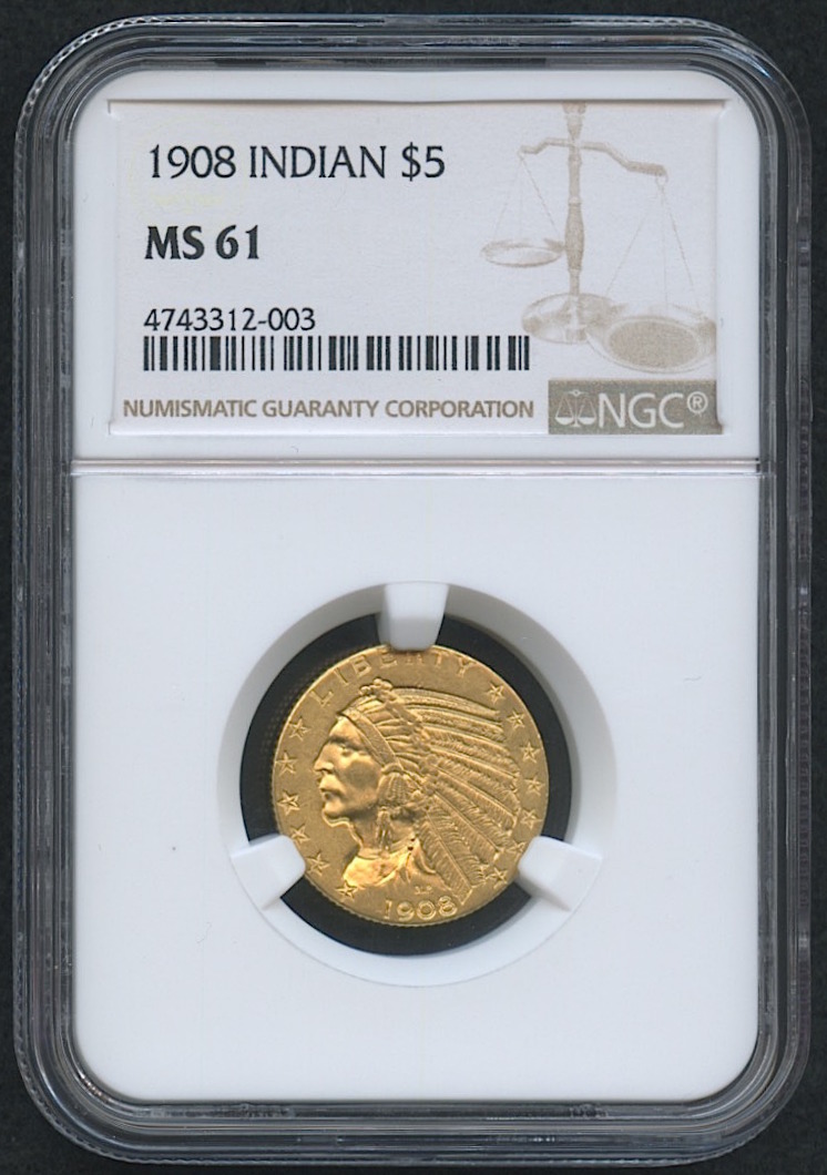 1908 $5 Five Dollars Indian Head Half Eagle Gold Coin (NGC MS 61) at PristineAuction.com 1908 $5 Five Dollars Indian Head Half Eagle Gold Coin (NGC MS 61) at PristineAuction.com