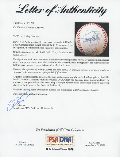 1990 St. Louis Cardinals ONL Baseball Team-Signed by (20) with Todd Zeille, Terry Pendleton, Willie McGee with Display Case (PSA LOA) at PristineAuction.com 1990 St. Louis Cardinals ONL Baseball Team-Signed by (20) with Todd Zeille, Terry Pendleton, Willie McGee with Display Case (PSA LOA) at PristineAuction.com