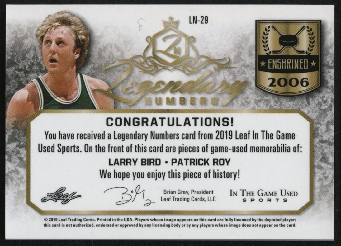 2019 ITG Used Sports Legendary Numbers Dual Memorabilia Navy Blue #LN29 Larry Bird / Patrick Roy at PristineAuction.com 2019 ITG Used Sports Legendary Numbers Dual Memorabilia Navy Blue #LN29 Larry Bird / Patrick Roy at PristineAuction.com