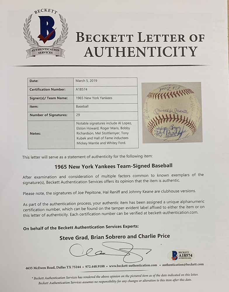 1965 New York Yankees OAL Baseball Team-Signed by (29) with Mickey Mantle, Roger Maris, Whitey Ford, Al Lopez, Elston Howard (JSA LOA & Beckett LOA) at PristineAuction.com 1965 New York Yankees OAL Baseball Team-Signed by (29) with Mickey Mantle, Roger Maris, Whitey Ford, Al Lopez, Elston Howard (JSA LOA & Beckett LOA) at PristineAuction.com