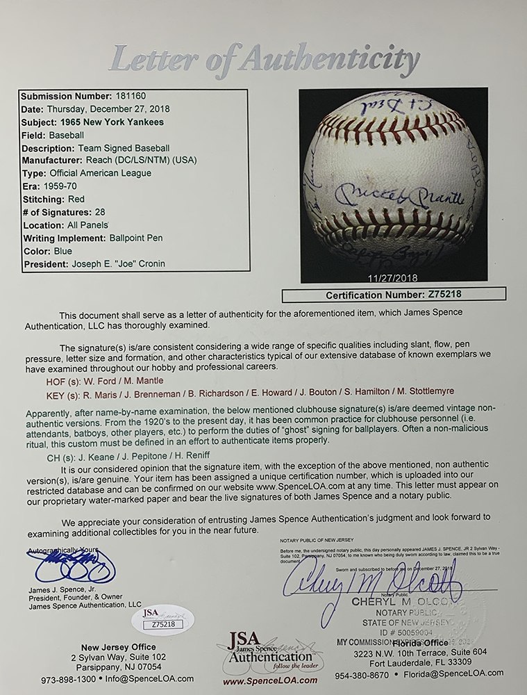1965 New York Yankees OAL Baseball Team-Signed by (29) with Mickey Mantle, Roger Maris, Whitey Ford, Al Lopez, Elston Howard (JSA LOA & Beckett LOA) at PristineAuction.com 1965 New York Yankees OAL Baseball Team-Signed by (29) with Mickey Mantle, Roger Maris, Whitey Ford, Al Lopez, Elston Howard (JSA LOA & Beckett LOA) at PristineAuction.com