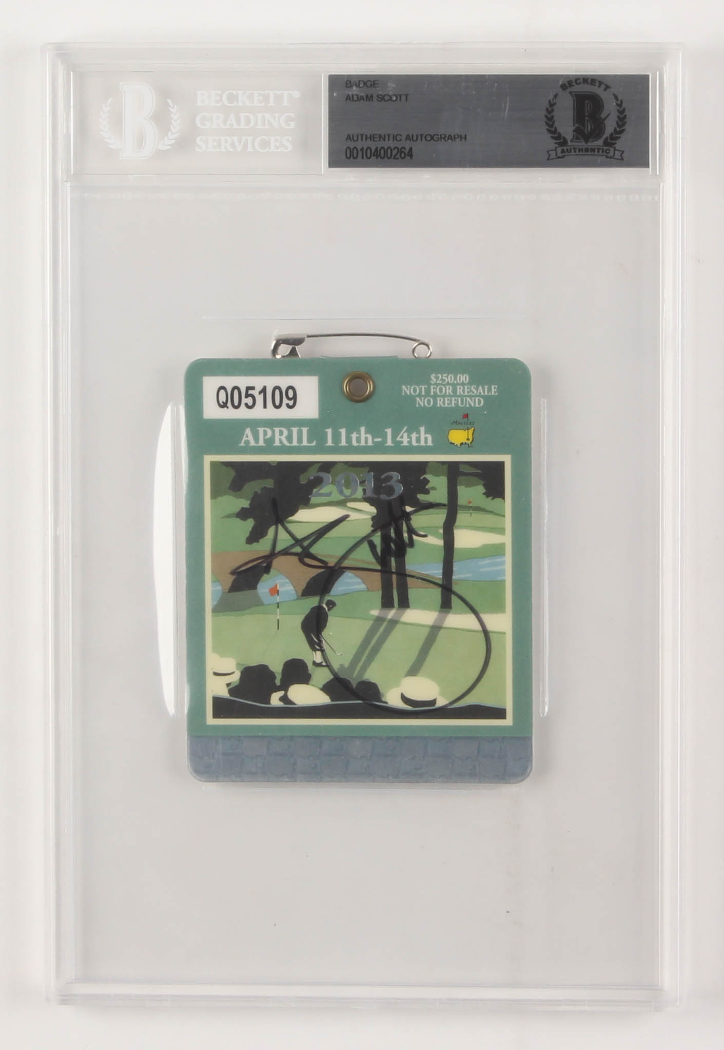 Adam Scott Signed 2013 Masters Tournament Golf Badge (BGS Encapsulated) at PristineAuction.com Adam Scott Signed 2013 Masters Tournament Golf Badge (BGS Encapsulated) at PristineAuction.com