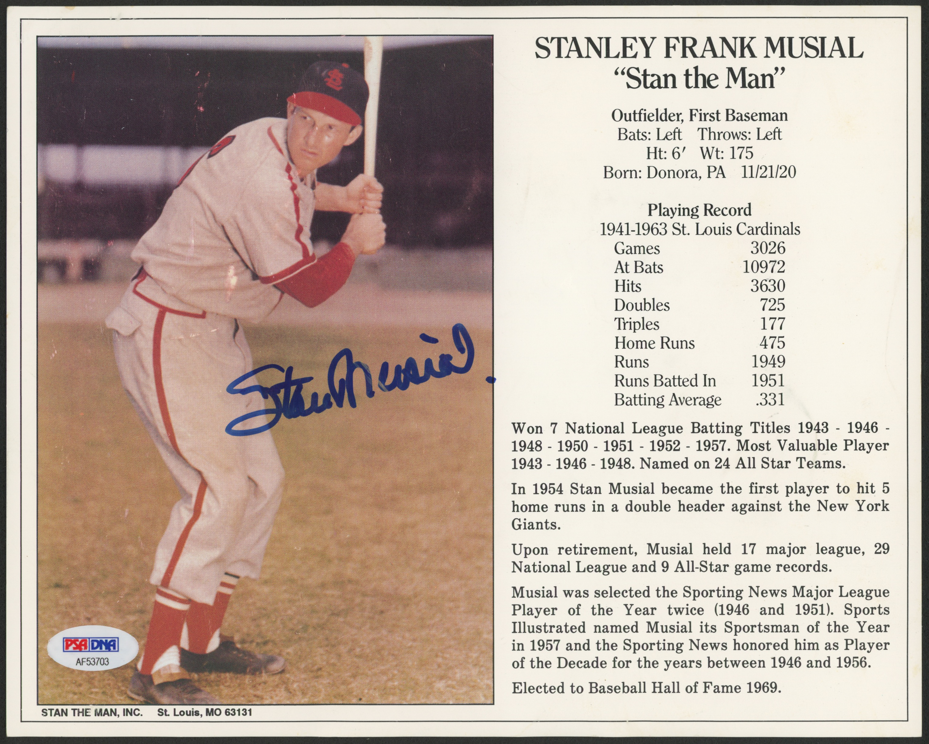 Stan Musial Signed St. Louis Cardinals 8x10 Career Stat Photo (PSA COA) at PristineAuction.com Stan Musial Signed St. Louis Cardinals 8x10 Career Stat Photo (PSA COA) at PristineAuction.com