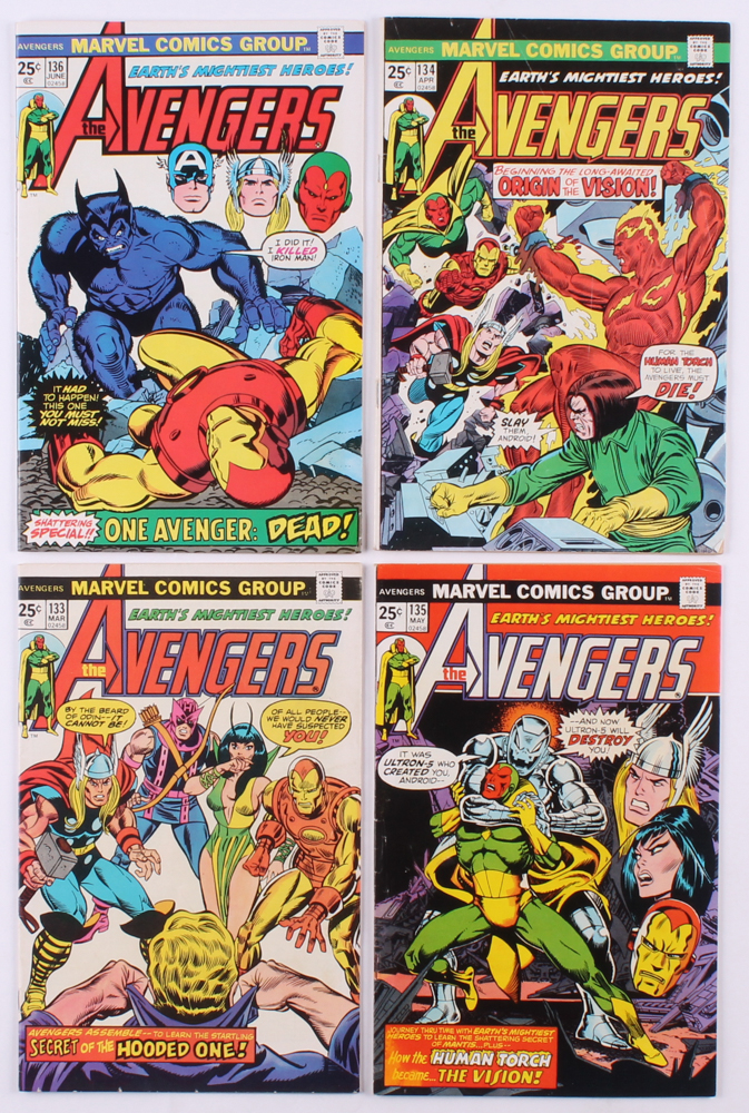 Lot of (4) 1975 "The Avengers" 1st Series Marvel Comic Books with #133, #134, #135 & #136 at PristineAuction.com Lot of (4) 1975 "The Avengers" 1st Series Marvel Comic Books with #133, #134, #135 & #136 at PristineAuction.com