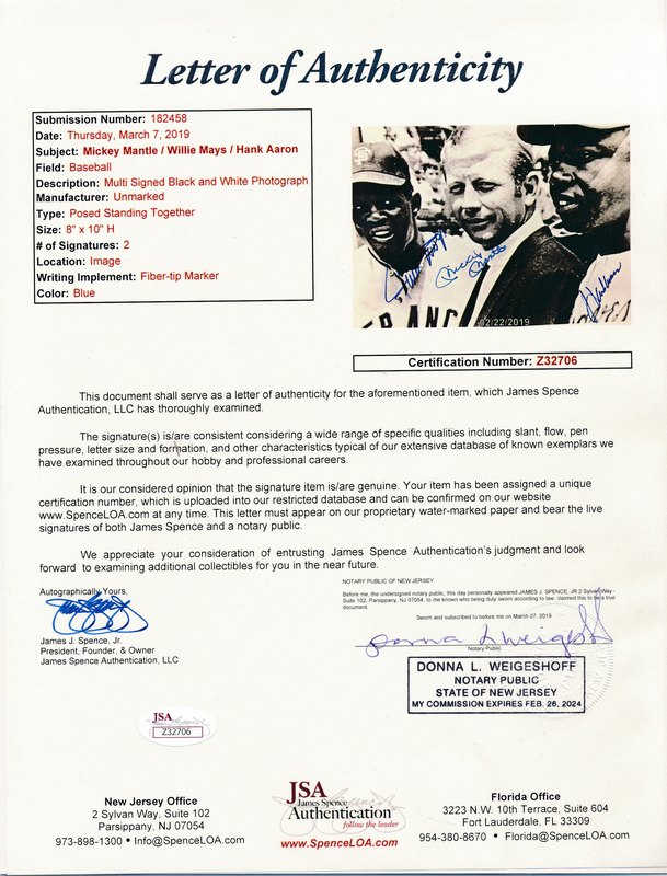 Mickey Mantle, Willie Mays & Hank Aaron Signed 8x10 Photo (JSA LOA) at PristineAuction.com Mickey Mantle, Willie Mays & Hank Aaron Signed 8x10 Photo (JSA LOA) at PristineAuction.com