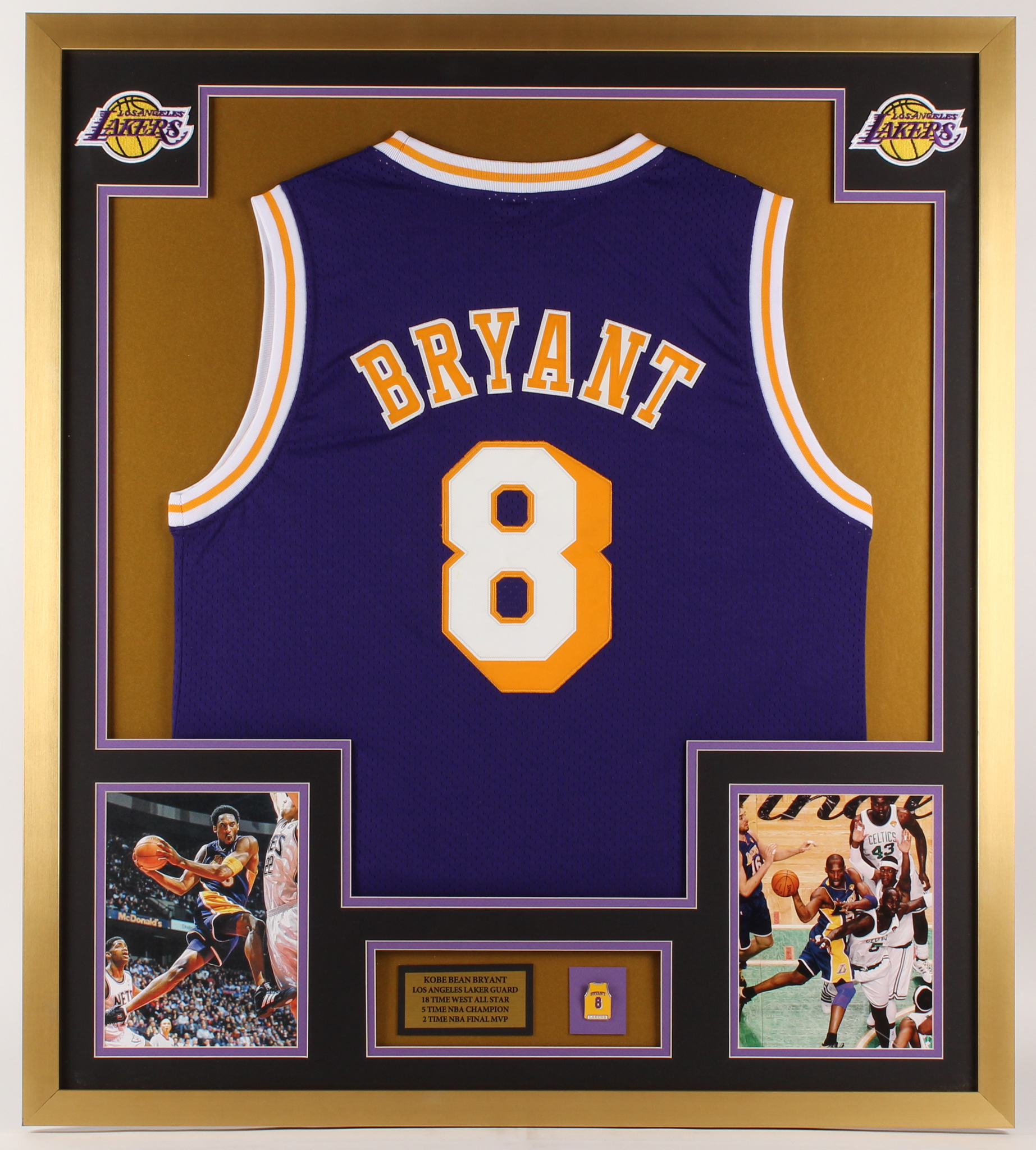 Kobe Bryant Los Angeles Lakers 32x36 Custom Framed Jersey with Championship Pin at PristineAuction.com Kobe Bryant Los Angeles Lakers 32x36 Custom Framed Jersey with Championship Pin at PristineAuction.com