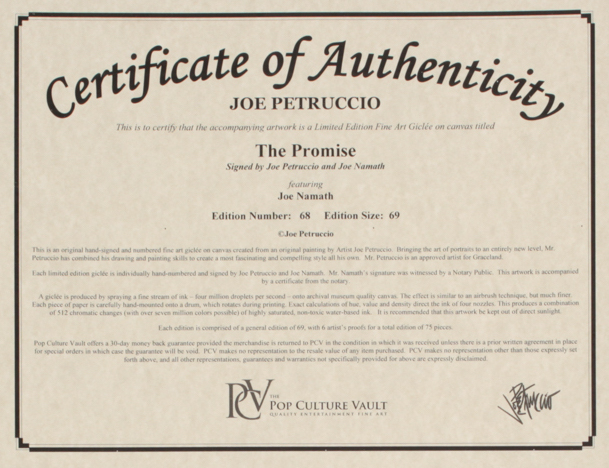 Joe Petruccio & Joe Namath Signed "The Promise" 24x24 Limited Edition Giclee on Canvas #68/69 (JSA COA & PCV COA) at PristineAuction.com Joe Petruccio & Joe Namath Signed "The Promise" 24x24 Limited Edition Giclee on Canvas #68/69 (JSA COA & PCV COA) at PristineAuction.com