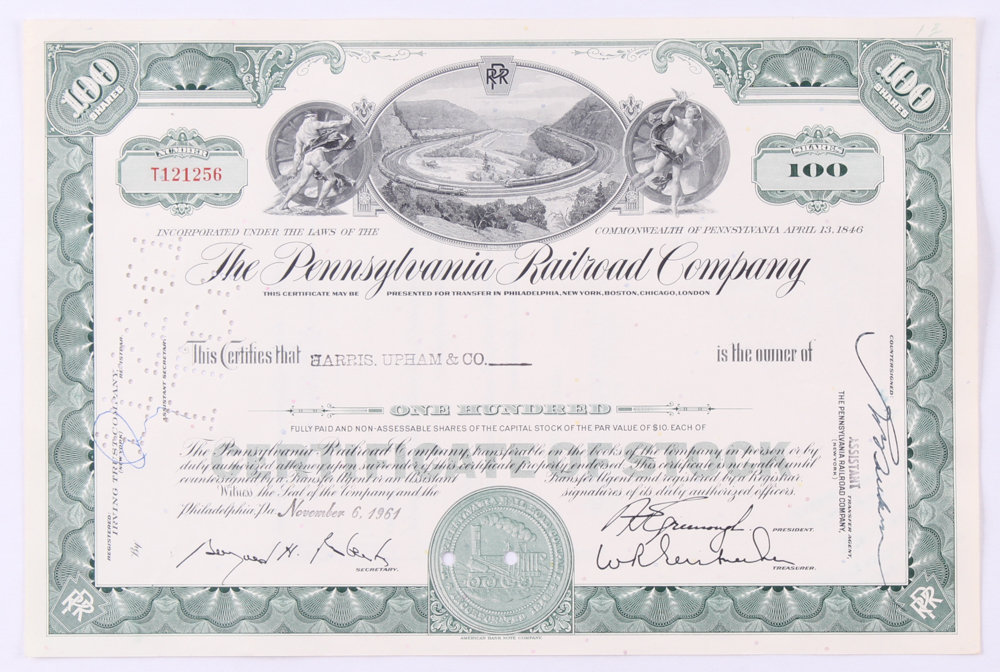 Vintage 1961 "The Pennsylvania Railroad Company" (100) Shares Stock