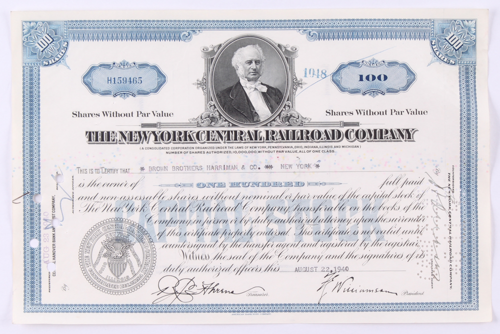 Vintage 1940 "The Pennsylvania Railroad Company" (100) Shares Stock Certificate at PristineAuction.com Vintage 1940 "The Pennsylvania Railroad Company" (100) Shares Stock Certificate at PristineAuction.com