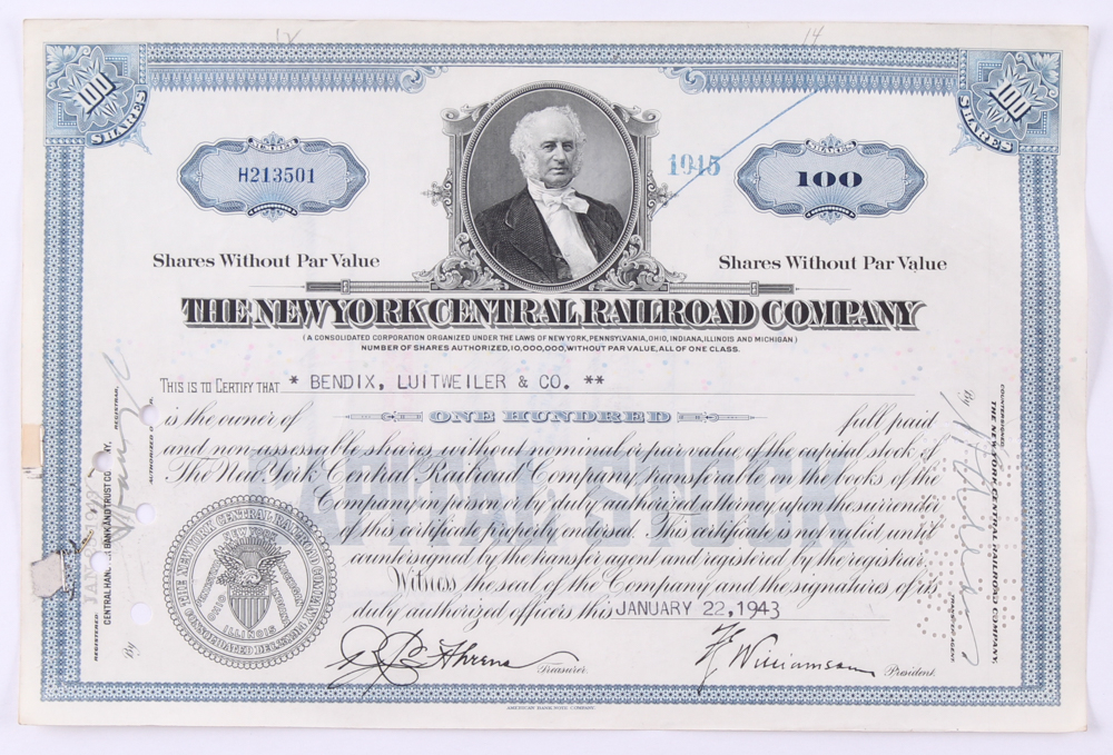 Vintage 1943 "The Pennsylvania Railroad Company" (100) Shares Stock