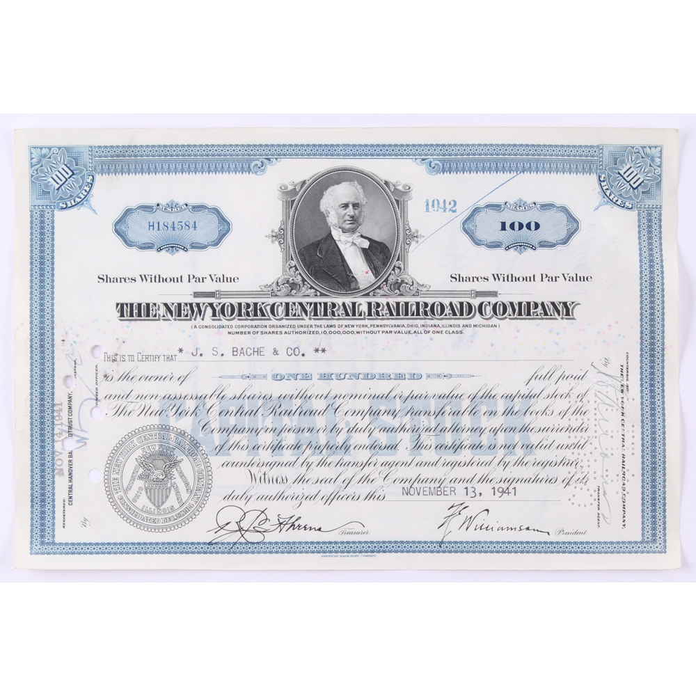 Vintage 1941 "The Pennsylvania Railroad Company" (100) Shares Stock Certificate Pristine Auction