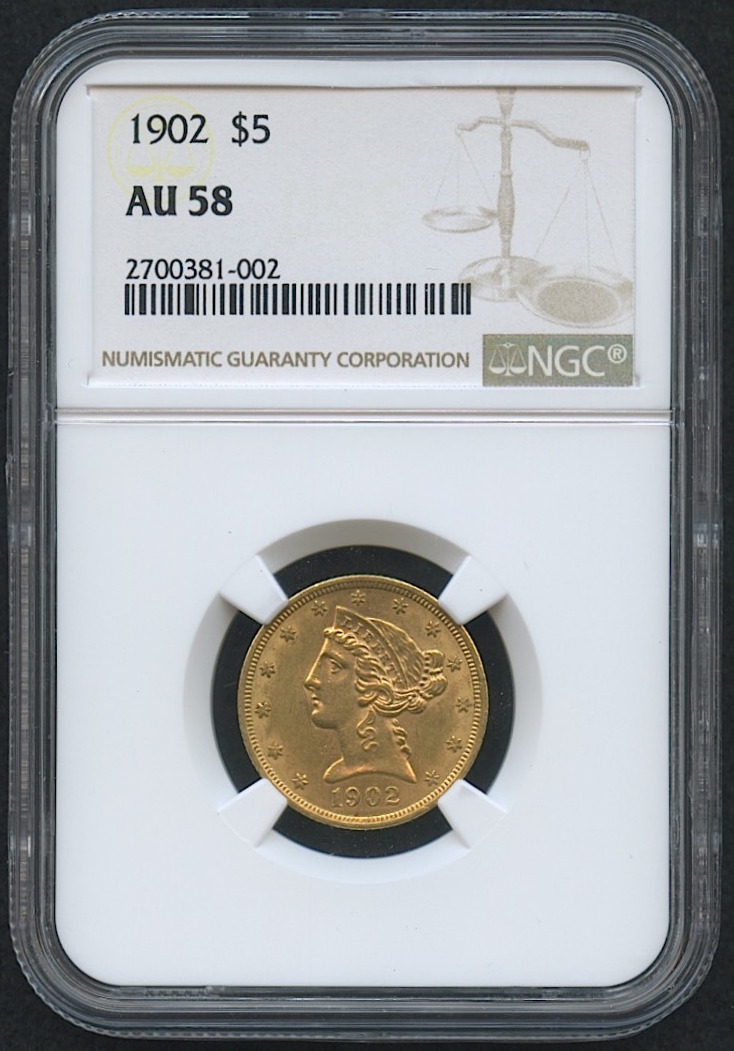 1902 $5 Five Dollars Liberty Head Half Eagle Gold Coin (NGC AU 58) at PristineAuction.com 1902 $5 Five Dollars Liberty Head Half Eagle Gold Coin (NGC AU 58) at PristineAuction.com