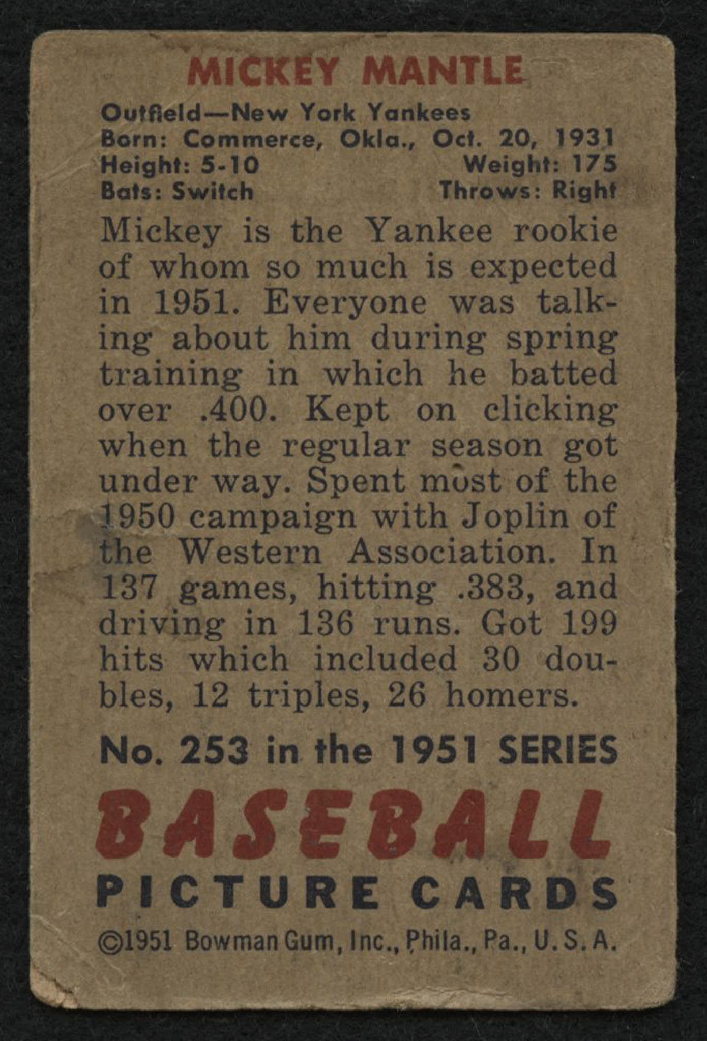 1951 Bowman #253 Mickey Mantle RC at PristineAuction.com 1951 Bowman #253 Mickey Mantle RC at PristineAuction.com