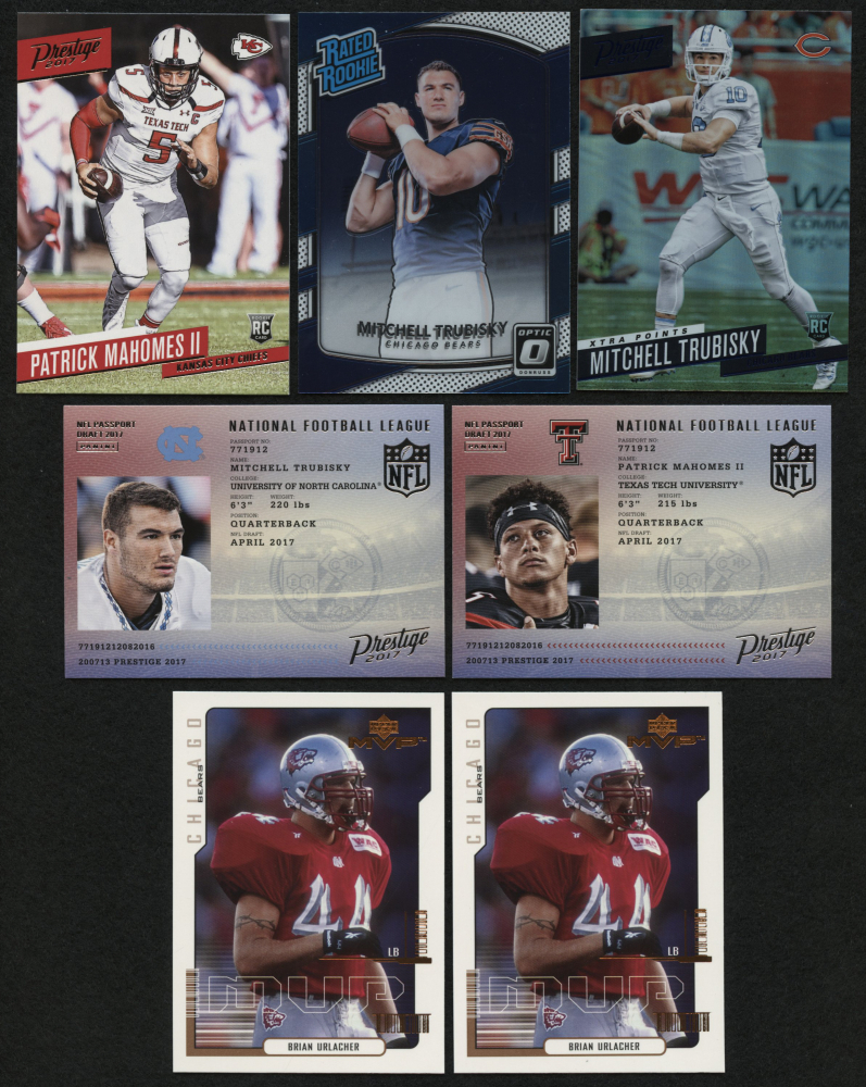 Lot of (7) Football Rookie Cards with 2000 Upper Deck MVP #192 Brian Urlacher RC, 2017 Donruss Optic #178 Mitchell Trubisky RC, 2017 Prestige #232 Patrick Mahomes II RC