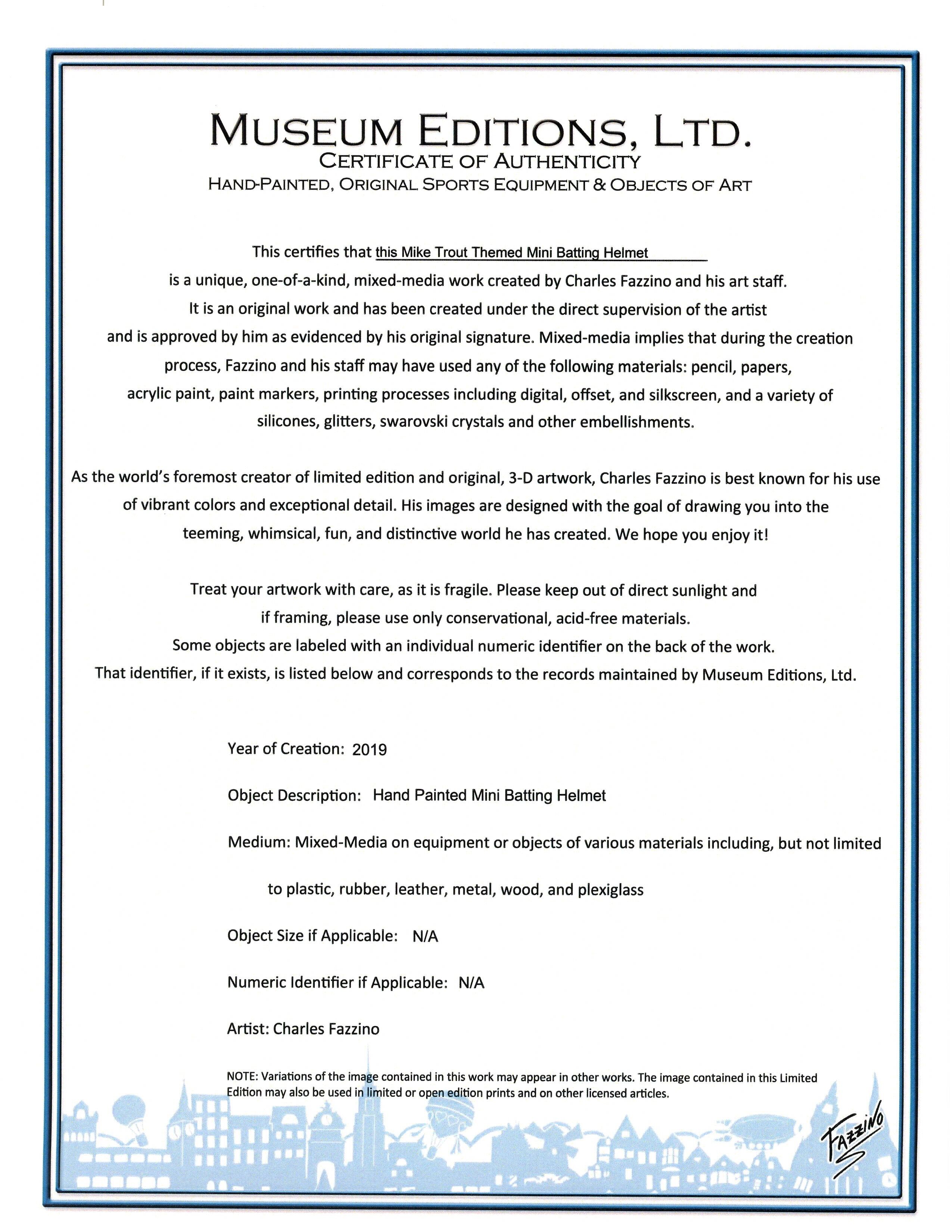 Mike Trout Signed Los Angeles Angels LE Mini Batting Helmet Inscribed "Kiiiiid" Hand-Painted by Charles Fazzino (MLB Hologram & Fazzino LOA) at PristineAuction.com Mike Trout Signed Los Angeles Angels LE Mini Batting Helmet Inscribed "Kiiiiid" Hand-Painted by Charles Fazzino (MLB Hologram & Fazzino LOA) at PristineAuction.com