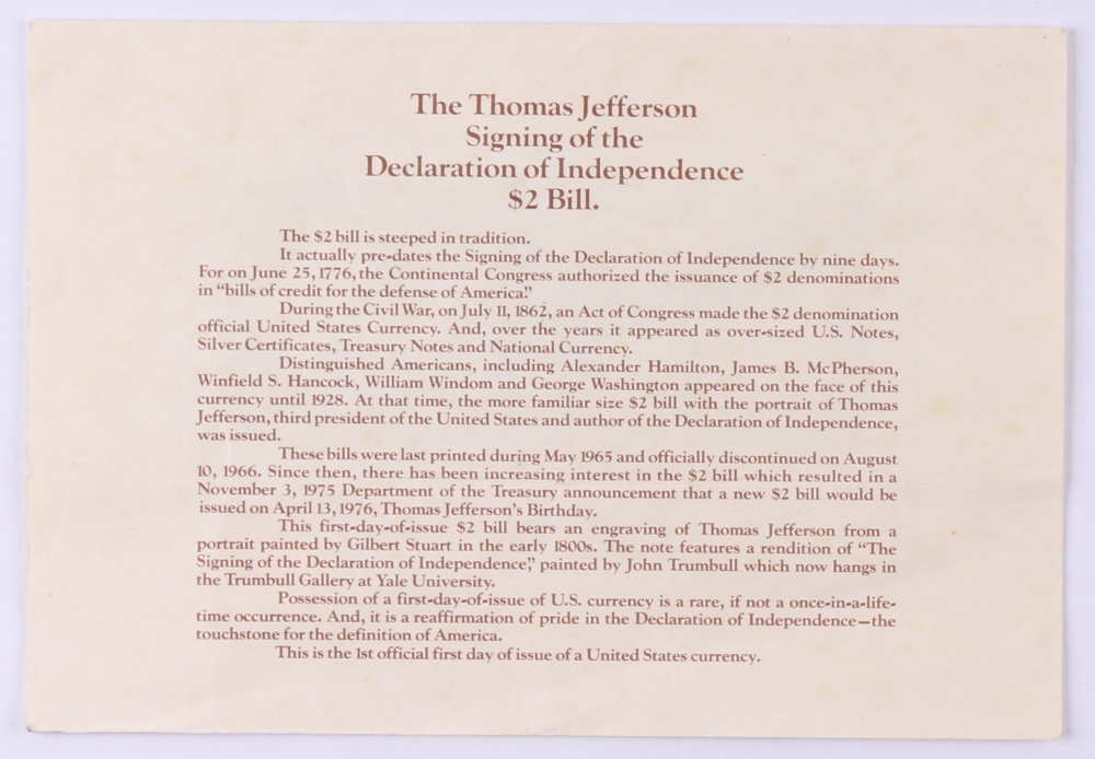 1976 $2 Two-Dollar U.S. Federal Reserve Note First Day Cover Cachet at PristineAuction.com 1976 $2 Two-Dollar U.S. Federal Reserve Note First Day Cover Cachet at PristineAuction.com
