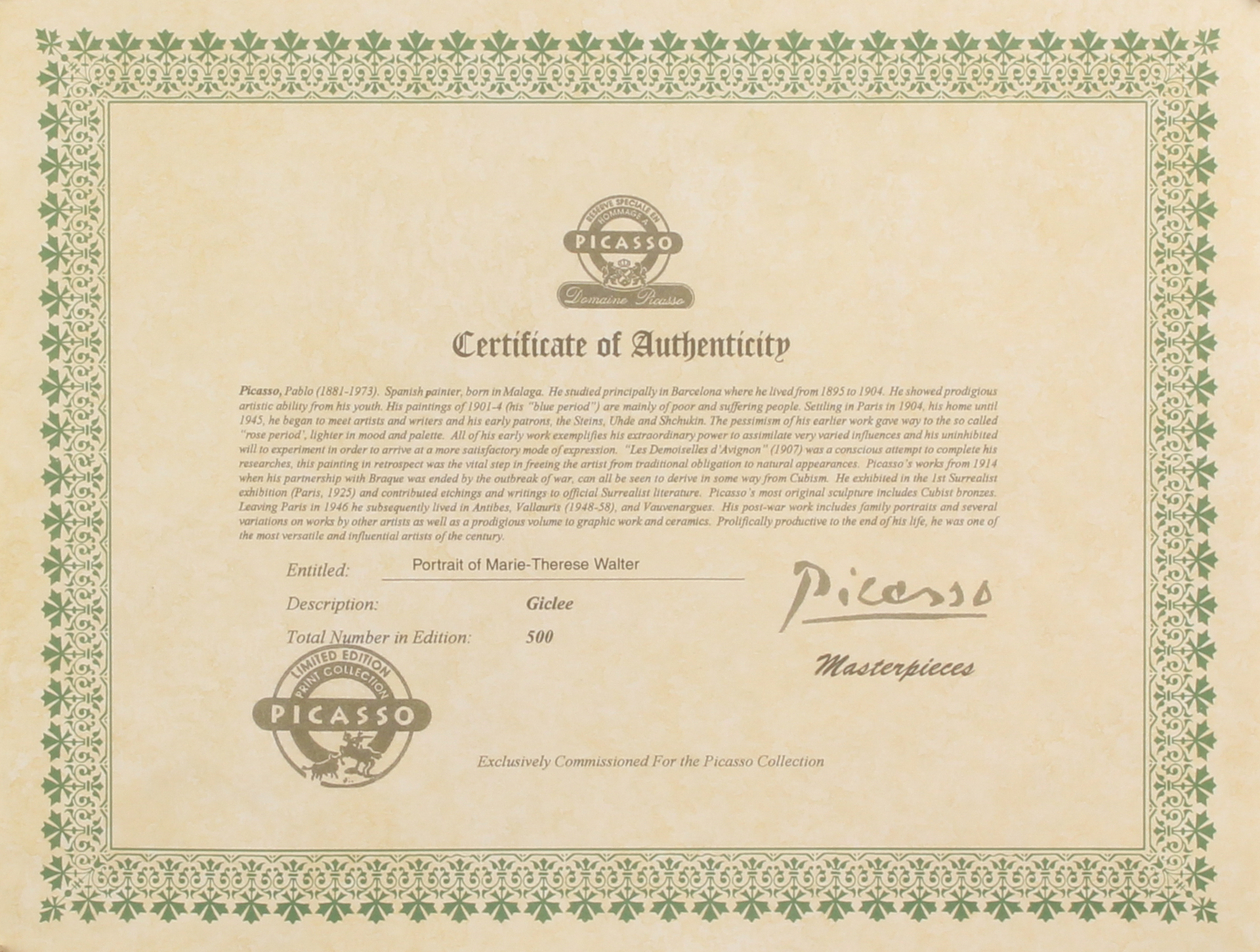 Pablo Picasso "Portrait of Marie-Therese Walter" Limited Edition 11x14.5 Giclee (PA LOA) at PristineAuction.com Pablo Picasso "Portrait of Marie-Therese Walter" Limited Edition 11x14.5 Giclee (PA LOA) at PristineAuction.com