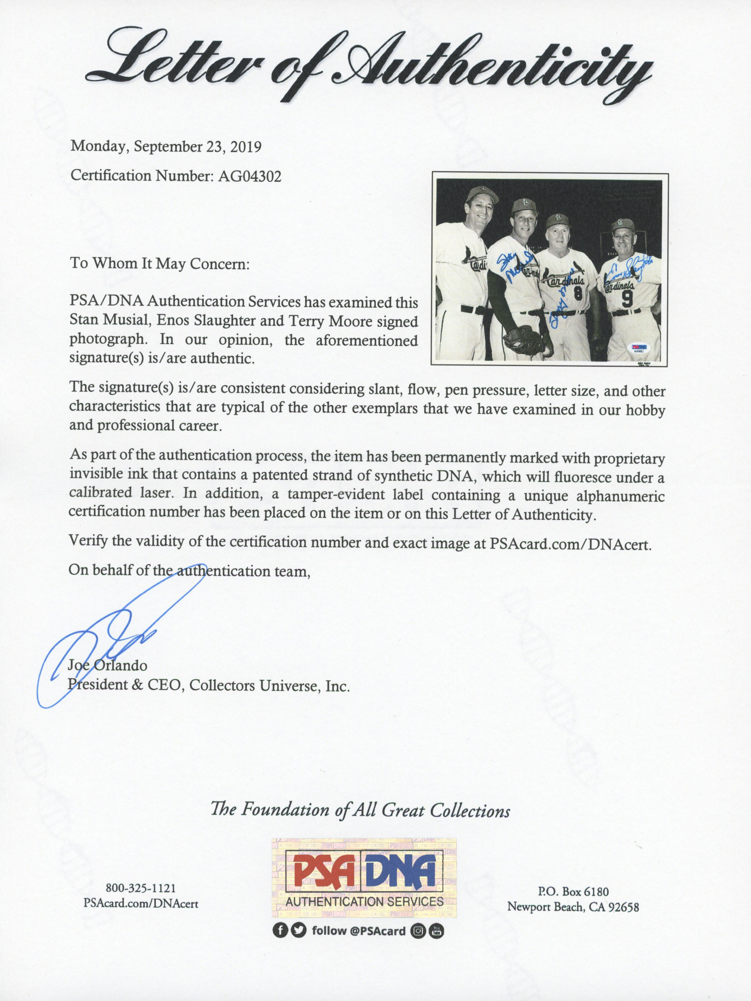 Stan Musial, Enos Slaughter, & Terry Moore Signed St. Louis Cardinals 8x10 Photo (PSA LOA) at PristineAuction.com Stan Musial, Enos Slaughter, & Terry Moore Signed St. Louis Cardinals 8x10 Photo (PSA LOA) at PristineAuction.com