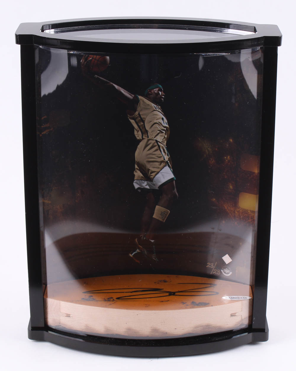 LeBron James Signed St. Vincent St. Mary 8x8 Game-Used Court Floor Piece & LE Photo with Display Case (Upper Deck Hologram) at PristineAuction.com LeBron James Signed St. Vincent St. Mary 8x8 Game-Used Court Floor Piece & LE Photo with Display Case (Upper Deck Hologram) at PristineAuction.com