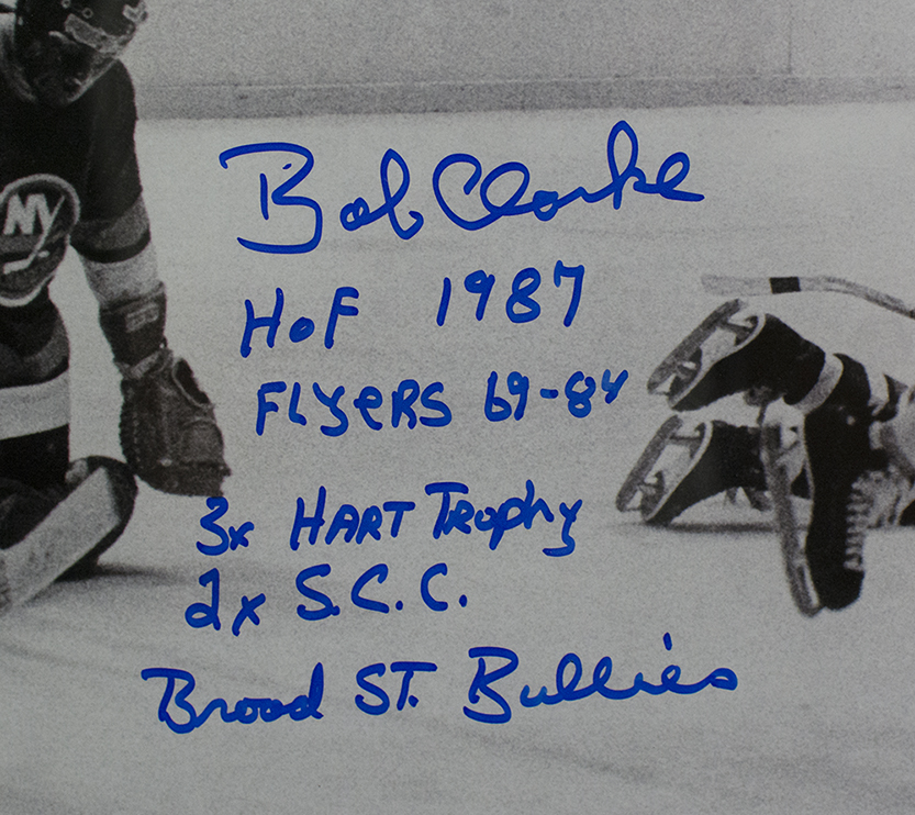 Bob Clarke Signed Philadelphia Flyers 22x27 Custom Framed Photo Display with (5) Inscriptions (JSA COA) at PristineAuction.com Bob Clarke Signed Philadelphia Flyers 22x27 Custom Framed Photo Display with (5) Inscriptions (JSA COA) at PristineAuction.com