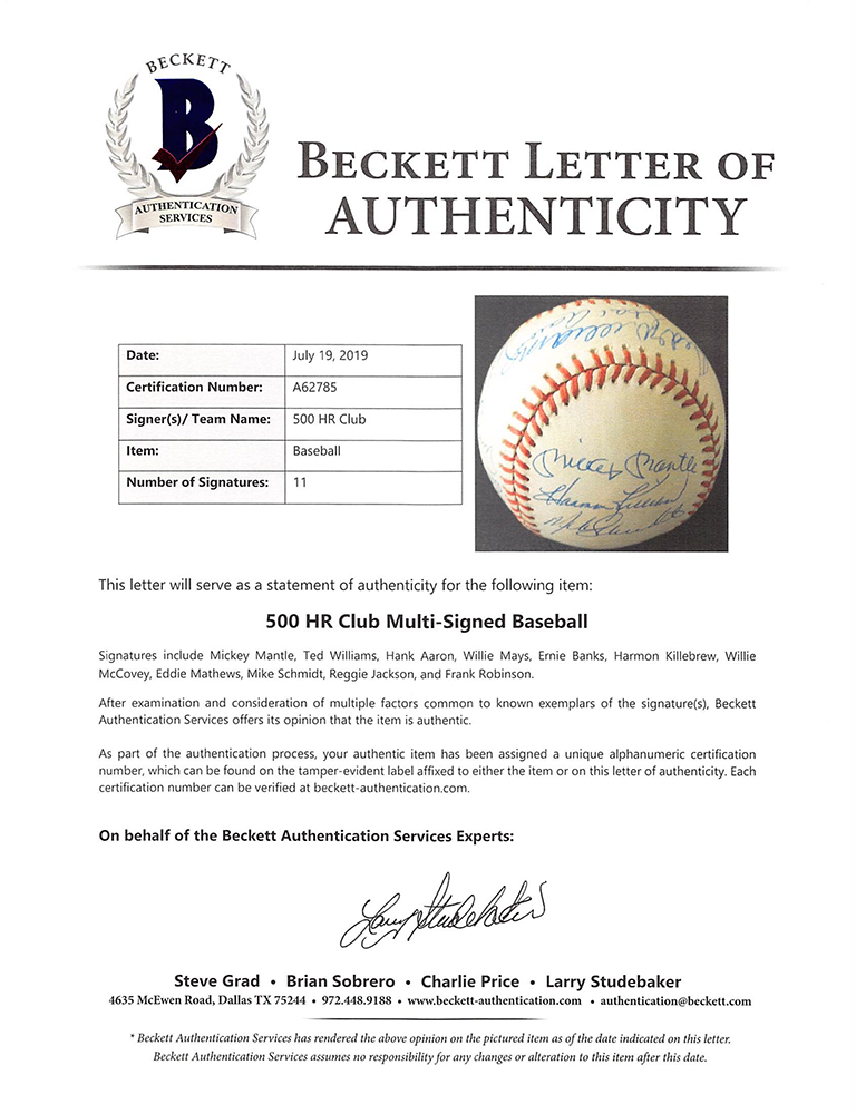 500 Home Run Club ONL Baseball Signed by (11) with Ted Williams, Hank Aaron, Willie Mays, Mickey Mantle, Reggie Jackson (Beckett LOA) at PristineAuction.com 500 Home Run Club ONL Baseball Signed by (11) with Ted Williams, Hank Aaron, Willie Mays, Mickey Mantle, Reggie Jackson (Beckett LOA) at PristineAuction.com