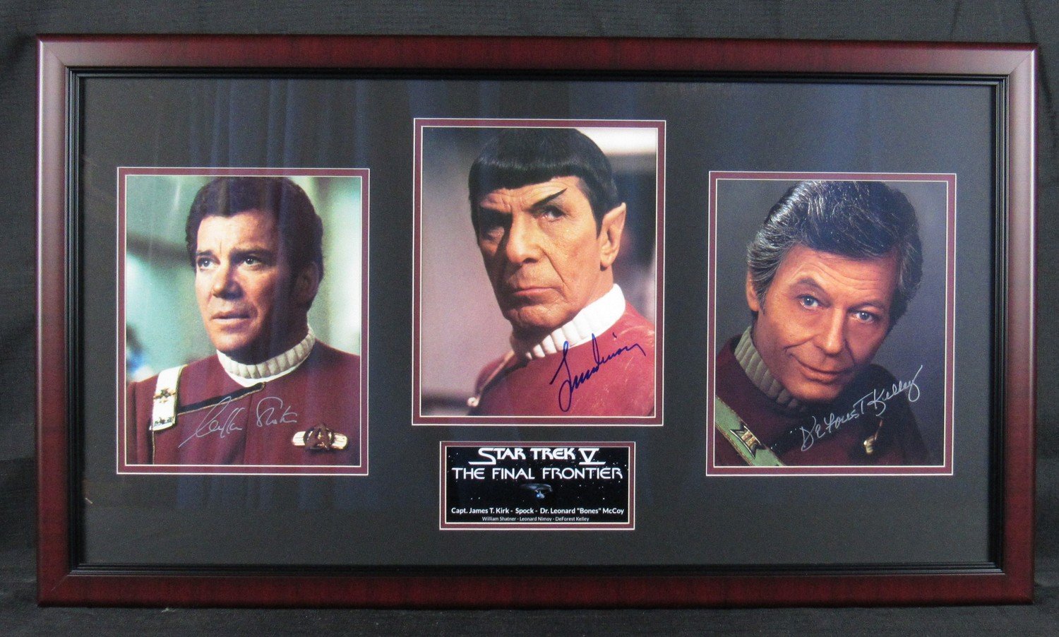 William Shatner, Leonard Nimoy, & DeForest Kelley Signed "Star Trek V: The Final Frontier" 18x32 Custom Framed Photo Display (JSA COA) at PristineAuction.com William Shatner, Leonard Nimoy, & DeForest Kelley Signed "Star Trek V: The Final Frontier" 18x32 Custom Framed Photo Display (JSA COA) at PristineAuction.com