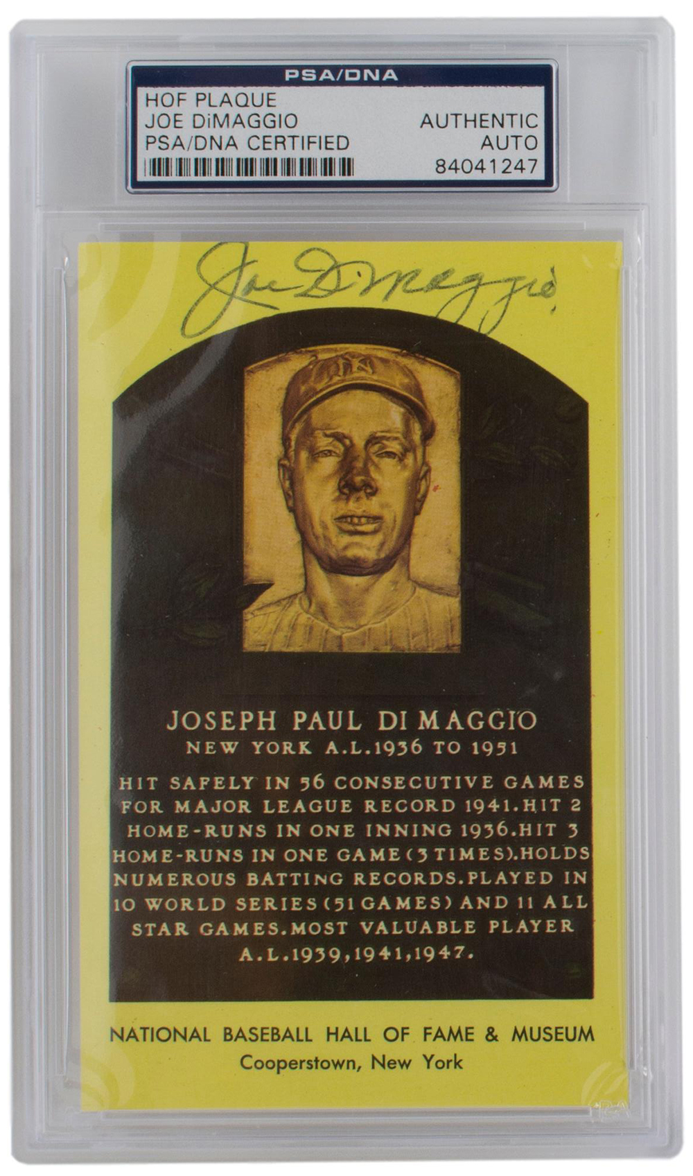 Joe DiMaggio Signed Hall of Fame Plaque Postcard (PSA Encapsulated) at PristineAuction.com Joe DiMaggio Signed Hall of Fame Plaque Postcard (PSA Encapsulated) at PristineAuction.com