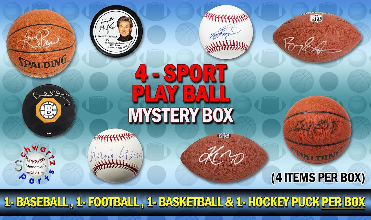 Schwartz Sports 4-Sport Play BALL Mystery Box - Series 1 (4 Items Per Box) (1 Each Baseball, Basketball, Football & Hockey Puck) (Limited to 75) at PristineAuction.com Schwartz Sports 4-Sport Play BALL Mystery Box - Series 1 (4 Items Per Box) (1 Each Baseball, Basketball, Football & Hockey Puck) (Limited to 75) at PristineAuction.com