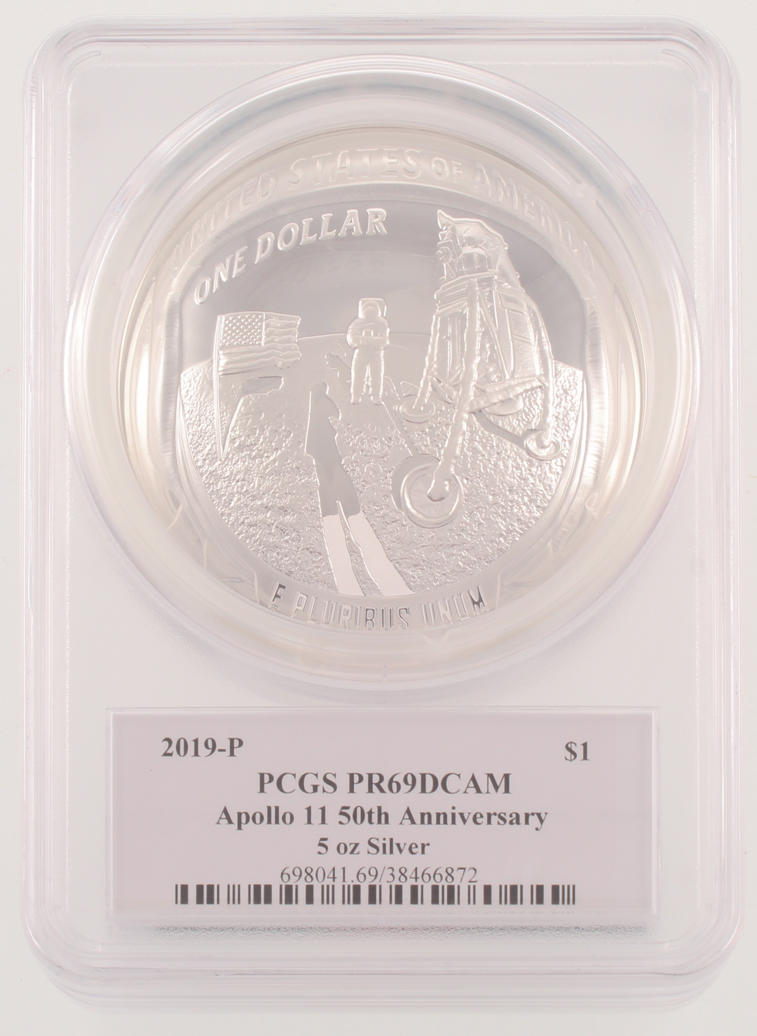 2019-P $1 Apollo 11 50th Anniversary Commemorative 5 oz Silver Coin - Proof - Deep Cameo (PCGS PR 69 DCAM) at PristineAuction.com 2019-P $1 Apollo 11 50th Anniversary Commemorative 5 oz Silver Coin - Proof - Deep Cameo (PCGS PR 69 DCAM) at PristineAuction.com