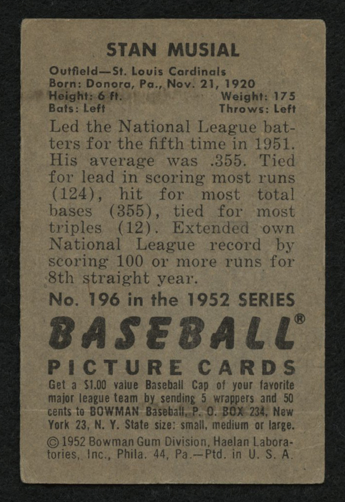 1952 Bowman #196 Stan Musial at PristineAuction.com 1952 Bowman #196 Stan Musial at PristineAuction.com