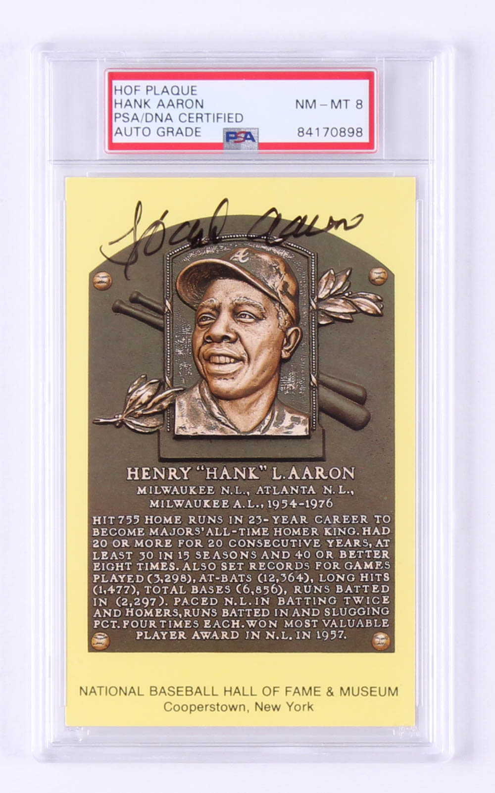 Hank Aaron Signed Gold Hall of Fame Plaque Postcard (PSA Encapsulated) at PristineAuction.com Hank Aaron Signed Gold Hall of Fame Plaque Postcard (PSA Encapsulated) at PristineAuction.com