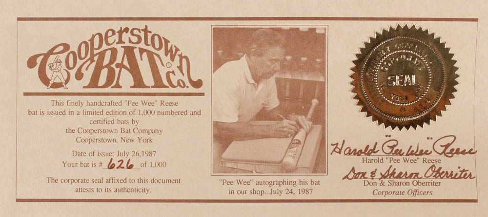 Pee Wee Reese Signed LE Cooperstown Bat Company Career Highlight Stat Baseball Bat (Cooperstown Bat COA) at PristineAuction.com Pee Wee Reese Signed LE Cooperstown Bat Company Career Highlight Stat Baseball Bat (Cooperstown Bat COA) at PristineAuction.com