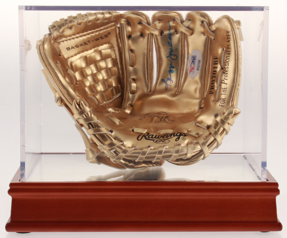 Reggie Jackson Signed Mini Gold Baseball Glove with Wood Base Display
