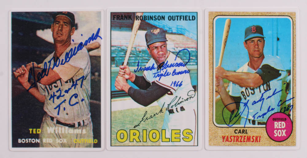 Lot of (3) Ted Williams, Frank Robinson & Carl Yastrzemski Signed LE Porcelain Baseball Cards with Display Case Inscribed "42 & 47 T.C.," "Triple Crown 1966" & "Triple Crown 1967" (Triple Crown COA & Williams Hologram) at PristineAuction.com Lot of (3) Ted Williams, Frank Robinson & Carl Yastrzemski Signed LE Porcelain Baseball Cards with Display Case Inscribed "42 & 47 T.C.," "Triple Crown 1966" & "Triple Crown 1967" (Triple Crown COA & Williams Hologram) at PristineAuction.com