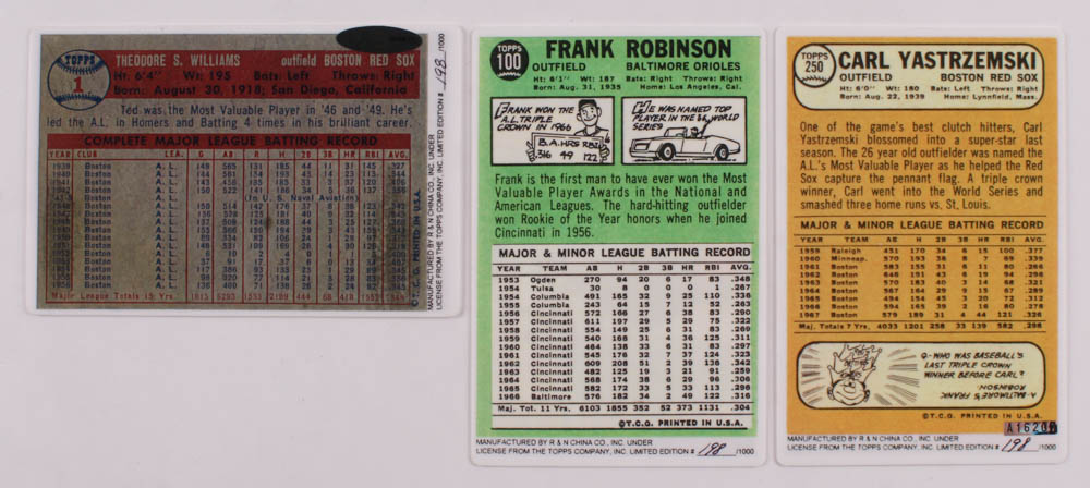 Lot of (3) Ted Williams, Frank Robinson & Carl Yastrzemski Signed LE Porcelain Baseball Cards with Display Case Inscribed "42 & 47 T.C.," "Triple Crown 1966" & "Triple Crown 1967" (Triple Crown COA & Williams Hologram) at PristineAuction.com Lot of (3) Ted Williams, Frank Robinson & Carl Yastrzemski Signed LE Porcelain Baseball Cards with Display Case Inscribed "42 & 47 T.C.," "Triple Crown 1966" & "Triple Crown 1967" (Triple Crown COA & Williams Hologram) at PristineAuction.com