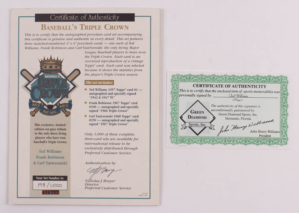 Lot of (3) Ted Williams, Frank Robinson & Carl Yastrzemski Signed LE Porcelain Baseball Cards with Display Case Inscribed "42 & 47 T.C.," "Triple Crown 1966" & "Triple Crown 1967" (Triple Crown COA & Williams Hologram) at PristineAuction.com Lot of (3) Ted Williams, Frank Robinson & Carl Yastrzemski Signed LE Porcelain Baseball Cards with Display Case Inscribed "42 & 47 T.C.," "Triple Crown 1966" & "Triple Crown 1967" (Triple Crown COA & Williams Hologram) at PristineAuction.com