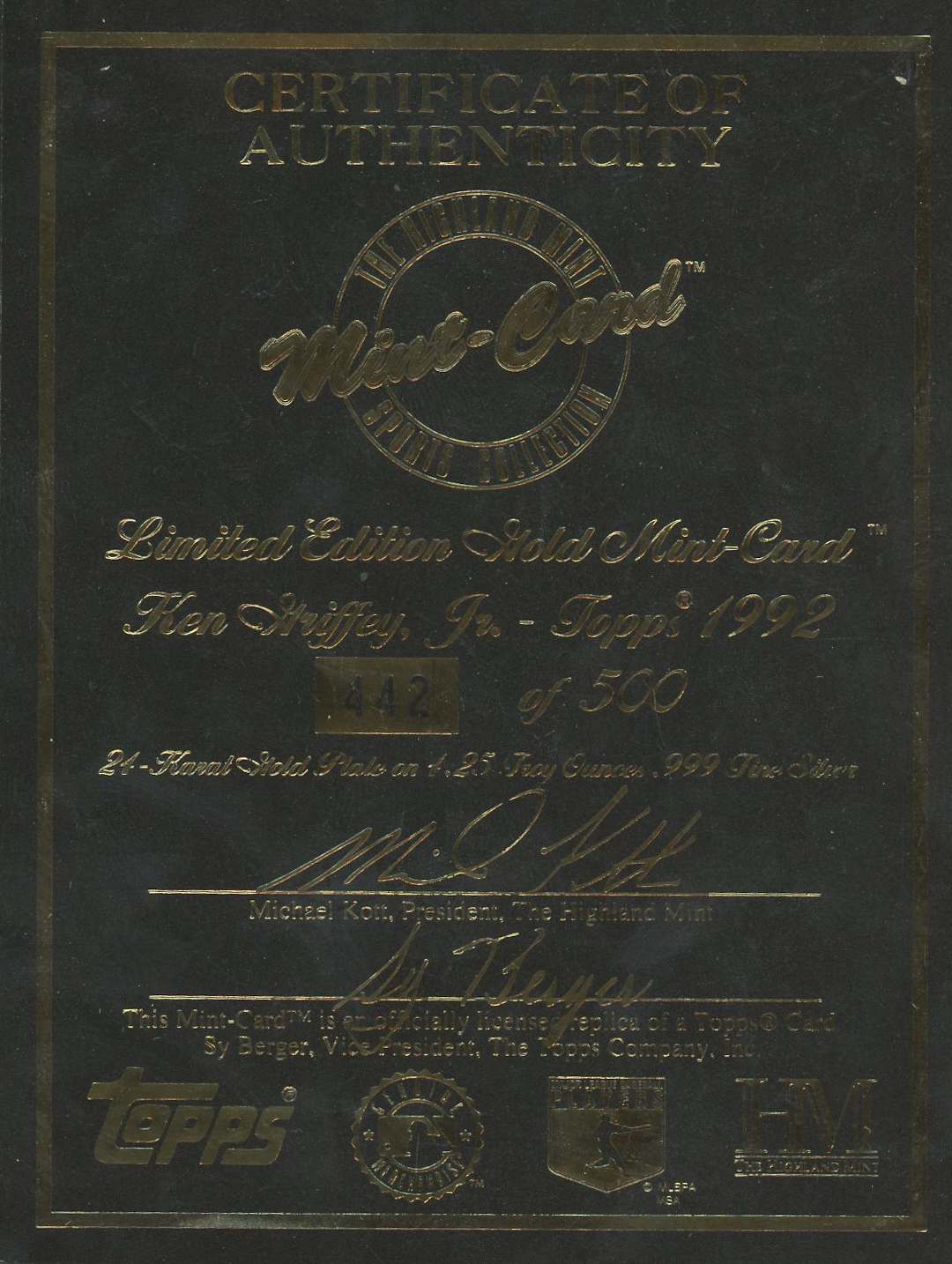 1994 Highland Mint Mint-Cards Topps #17 Ken Griffey Jr. 92 / G / 500 (Highland Mint COA) at PristineAuction.com 1994 Highland Mint Mint-Cards Topps #17 Ken Griffey Jr. 92 / G / 500 (Highland Mint COA) at PristineAuction.com