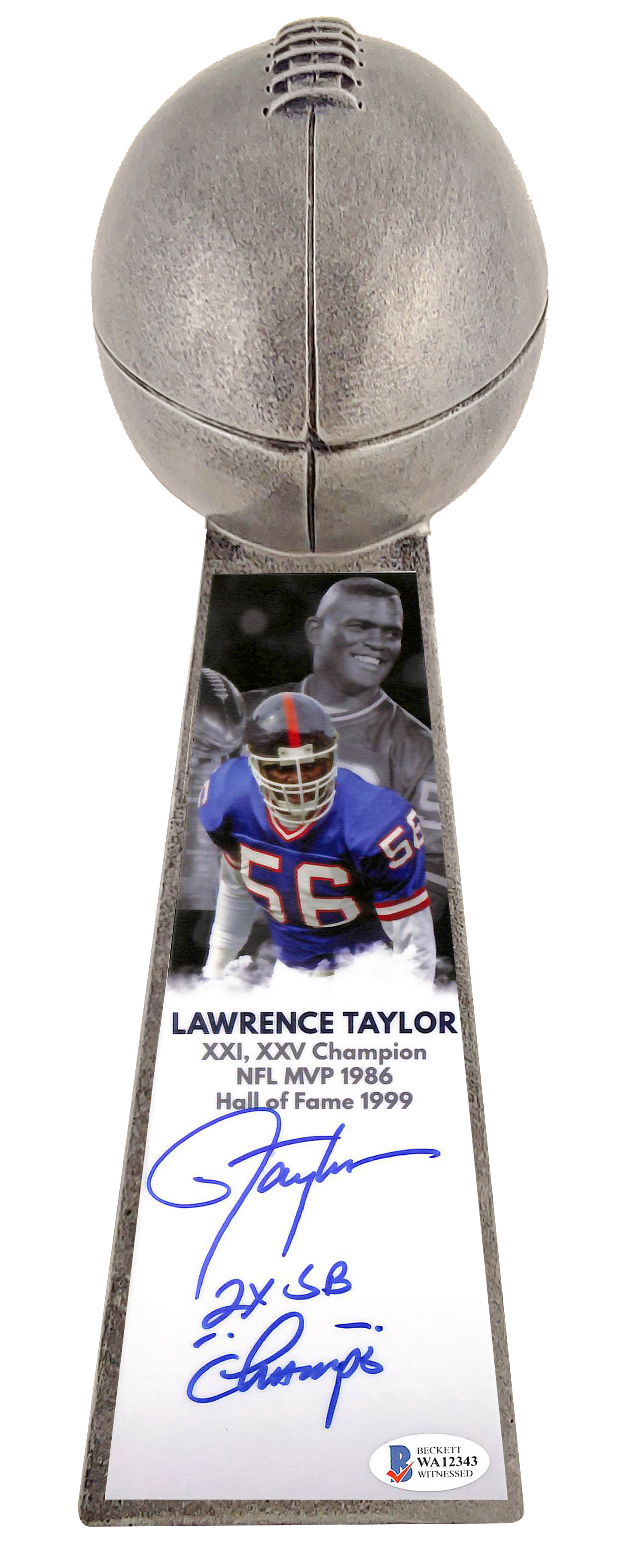Lawrence Taylor Signed Giants 15” Lombardi Football Championship Trophy Inscribed "2x SB Champs" (Beckett COA) at PristineAuction.com Lawrence Taylor Signed Giants 15” Lombardi Football Championship Trophy Inscribed "2x SB Champs" (Beckett COA) at PristineAuction.com