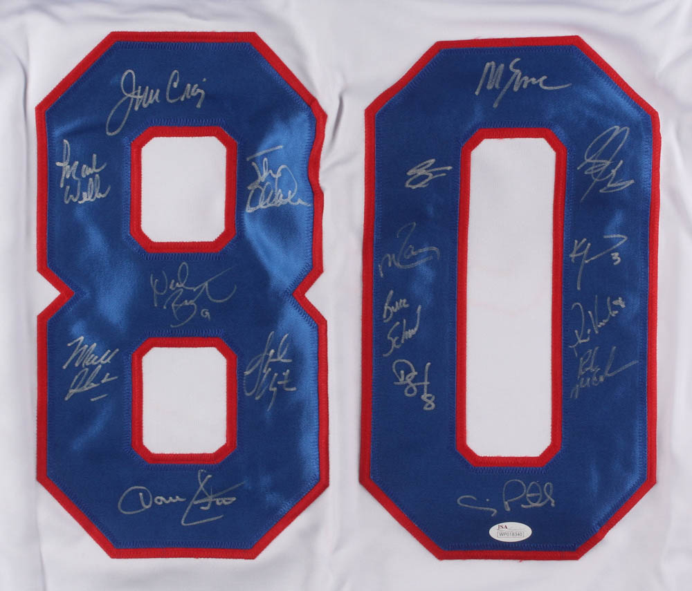Team USA Jersey Team-Signed by (17) with Jim Craig, Mike Eruzione, Ken Morrow (JSA COA) at PristineAuction.com Team USA Jersey Team-Signed by (17) with Jim Craig, Mike Eruzione, Ken Morrow (JSA COA) at PristineAuction.com