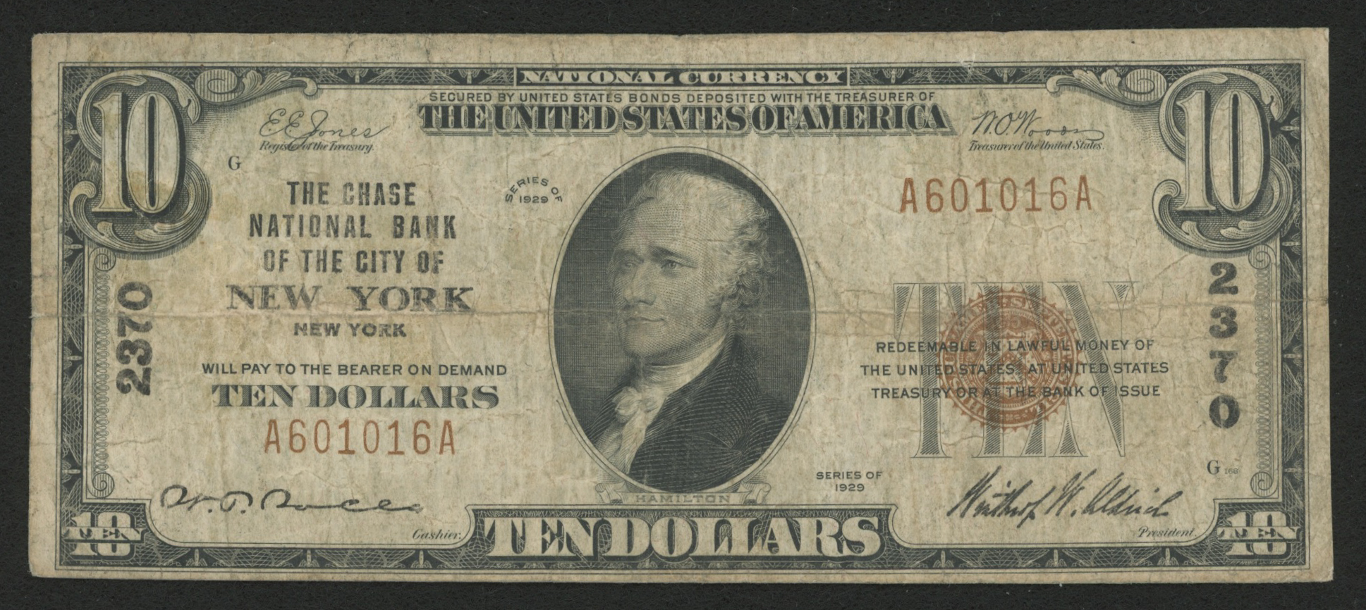 1929 $10 Ten-Dollar U.S. National Currency Bank Note with Brown Seal (The Chase National Bank of the City of New York, New York) at PristineAuction.com 1929 $10 Ten-Dollar U.S. National Currency Bank Note with Brown Seal (The Chase National Bank of the City of New York, New York) at PristineAuction.com