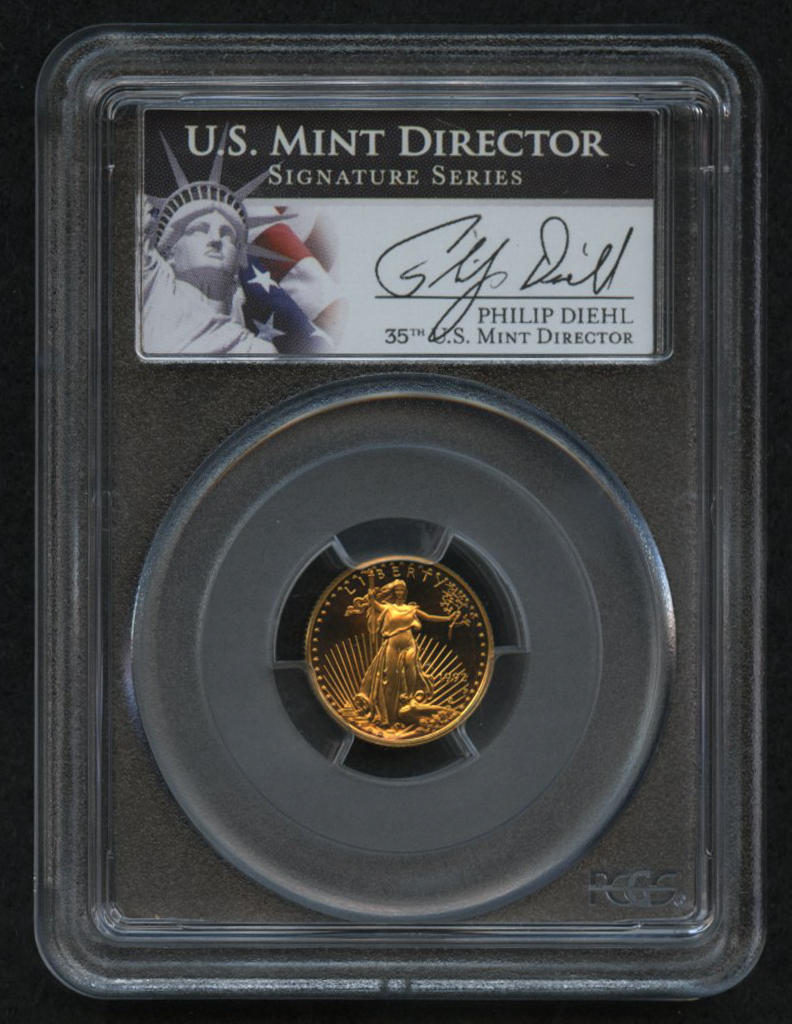 1992-P $5 Five Dollars American Gold Eagle Saint-Gaudens 1/10 Oz Gold Coin - Signed by U.S. Mint Director Philip Diehl - Deep Cameo (PCGS PR 69 DCAM) at PristineAuction.com 1992-P $5 Five Dollars American Gold Eagle Saint-Gaudens 1/10 Oz Gold Coin - Signed by U.S. Mint Director Philip Diehl - Deep Cameo (PCGS PR 69 DCAM) at PristineAuction.com