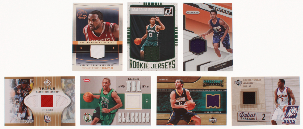 Lot of (7) Basketball Cards with 2005-06 Upper Deck Rookie Debut Threads #JJ Joe Johnson, 2016-17 Donruss Rookie Jerseys #62 Malcolm Brogdon, 2016-17 Panini Prizm Rookie Jerseys #48 Marquese Chriss