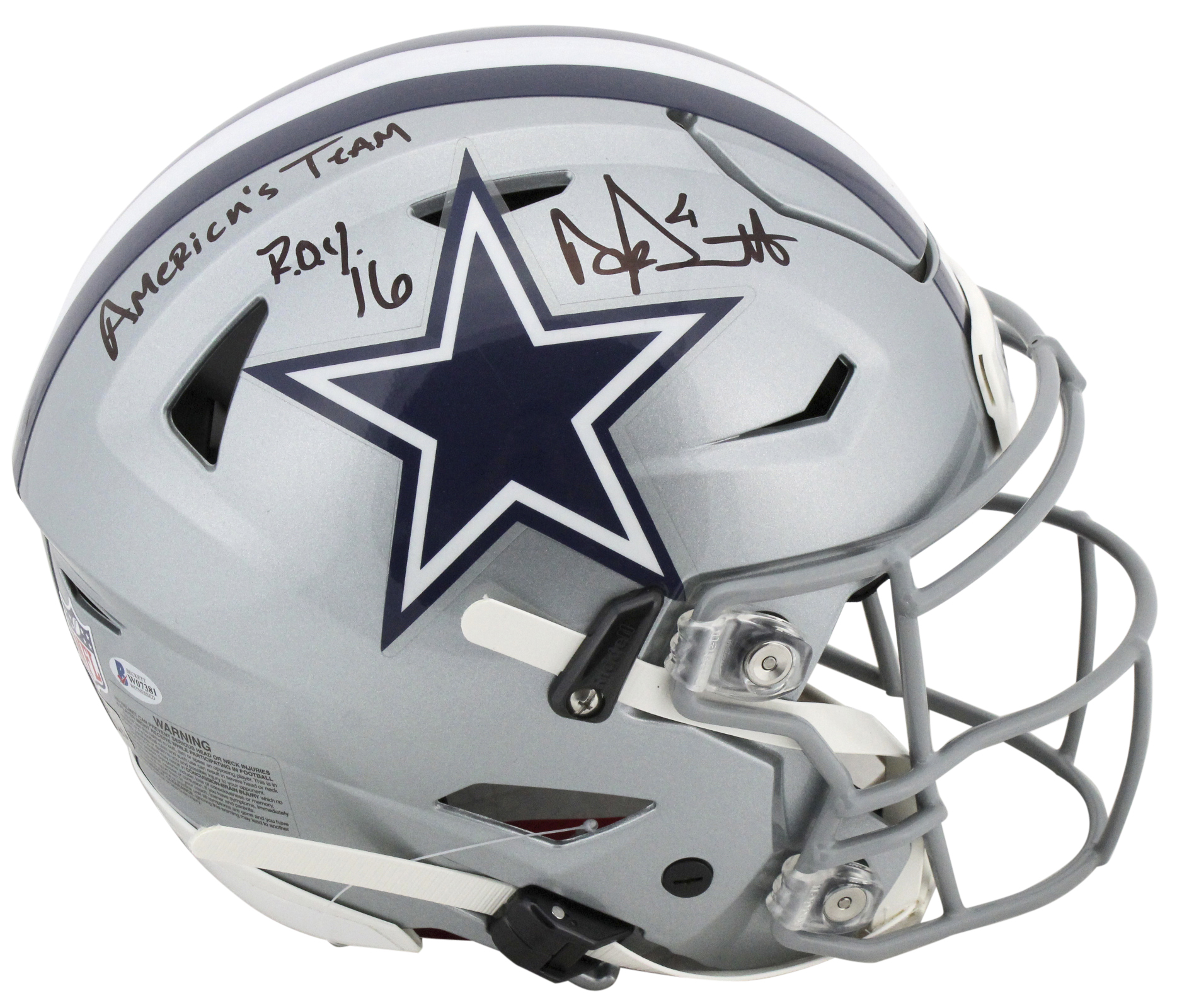 Dak Prescott Signed Dallas Cowboys Full-Size Authentic On-Field Flex Speed Helmet Inscribed "America's Team" & "ROY 16" (Beckett COA & Prescott Hologram) at PristineAuction.com Dak Prescott Signed Dallas Cowboys Full-Size Authentic On-Field Flex Speed Helmet Inscribed "America's Team" & "ROY 16" (Beckett COA & Prescott Hologram) at PristineAuction.com